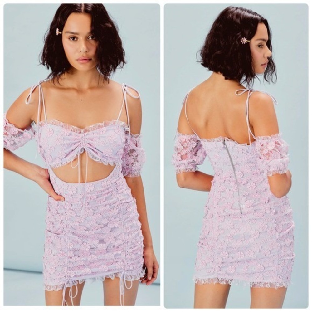 For Love and Lemons Amalie Mini Dress Purple Lavender 3D Floral Lace Cutout SM
